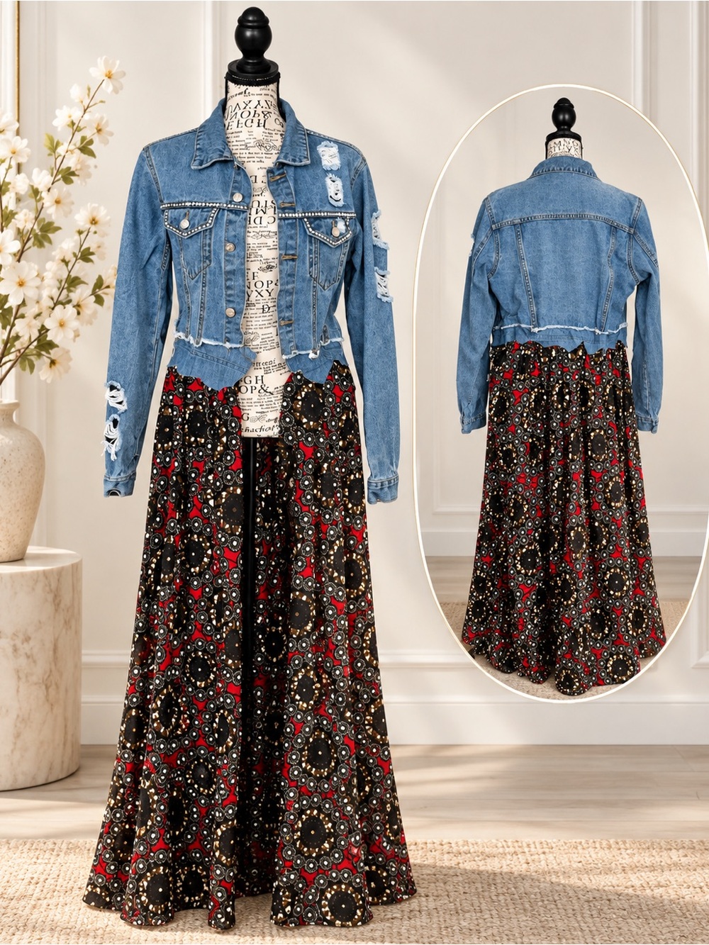 Hand Crafted Distressed Cropped Denim Jacket in Blue